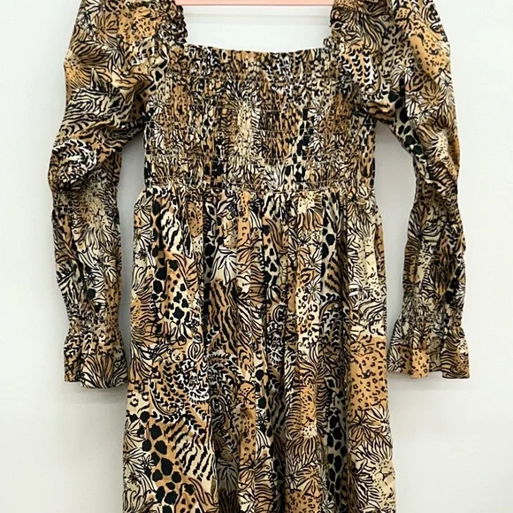 NWT Lilly Pulitzer Beyonca Long Sleeve Smocked in Rattan Walk on the Wild Side - Picture 4 of 6